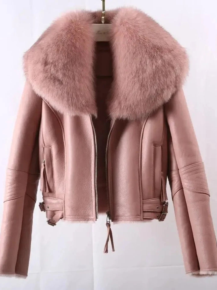 Women’s sheepskin fur jacket in blush pink; fluffy fur collar and front zip detail