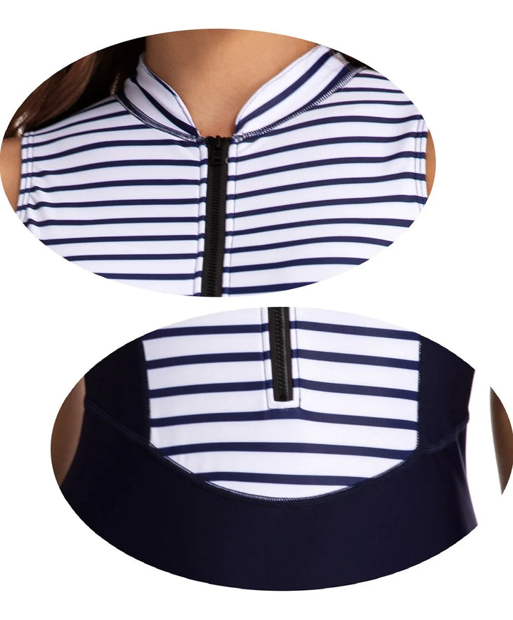 High-neck striped swimsuit close-up; front and back panels with center front zipper