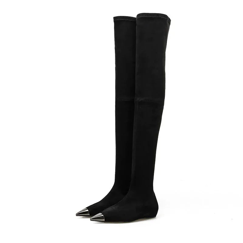 Women’s thigh-high faux suede boots pair, black pointed toe
