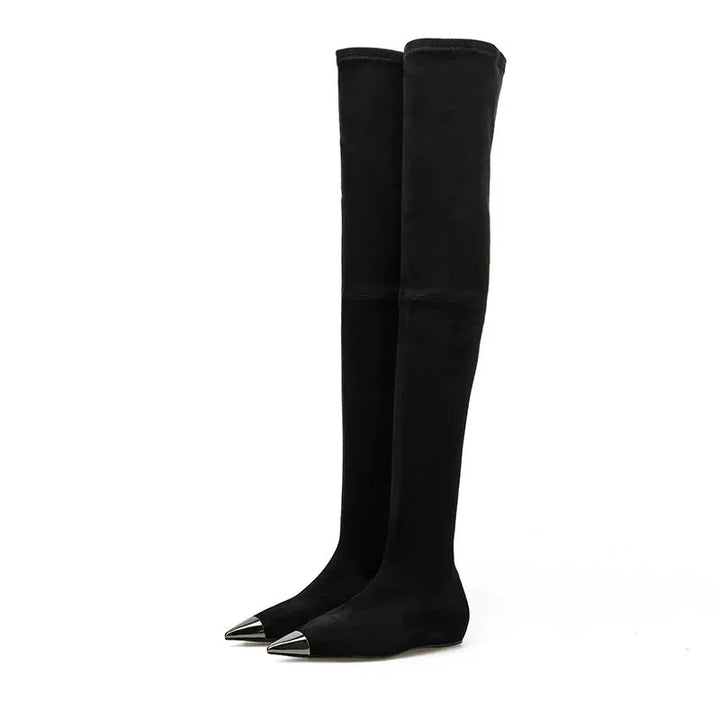 Women’s thigh-high faux suede boots pair, black pointed toe