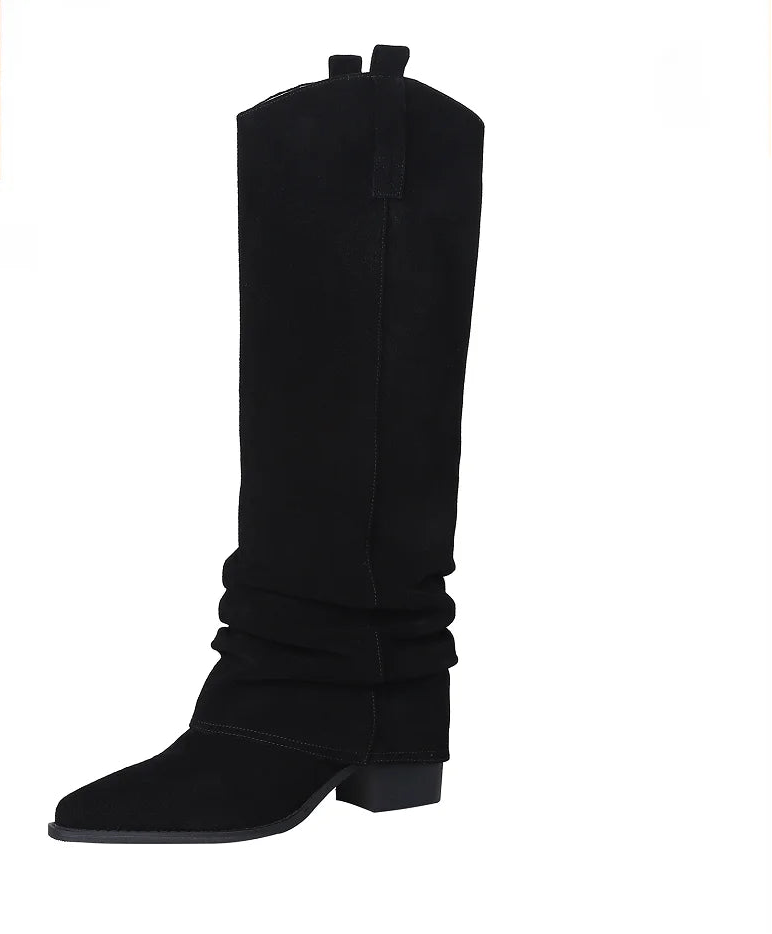 Trendy Pleated Mid-Calf Cow Suede Boots