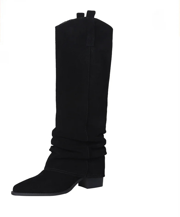 Trendy Pleated Mid-Calf Cow Suede Boots
