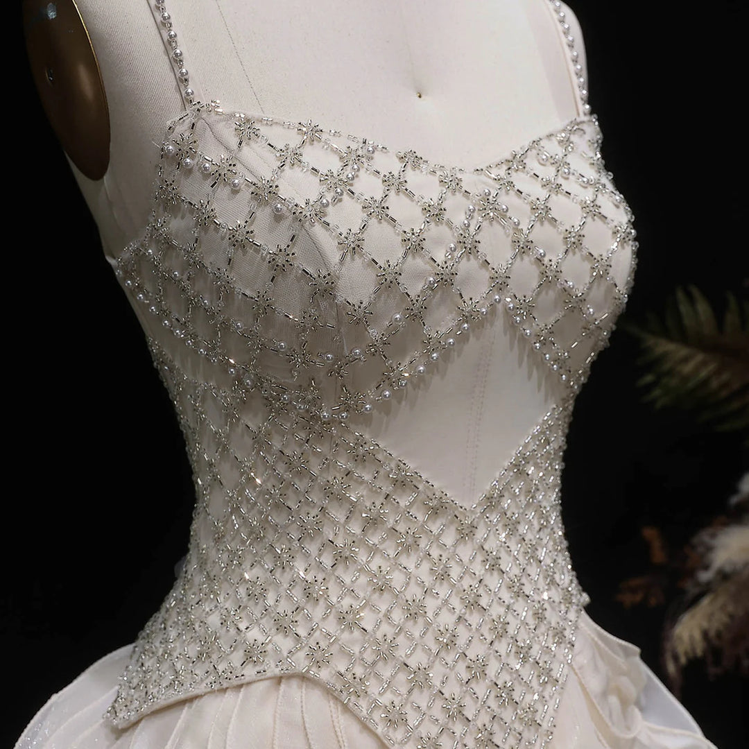 Luxury Ruffled Beaded Pearl Evening Dress