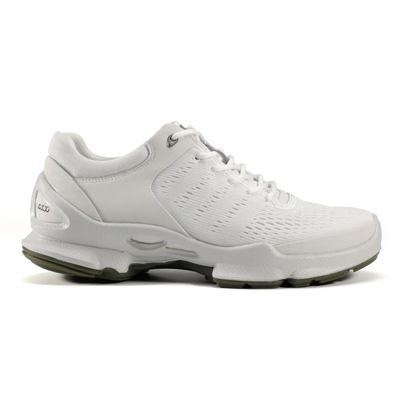 Men's breathable sports sneaker, white knit upper, lace-up, side panel detailing and tread sole
