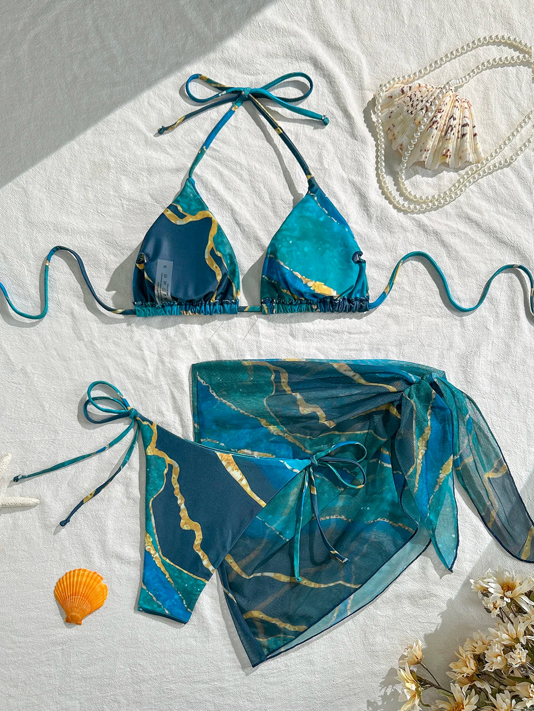 Trendy Marble Print 3-Pieces Bikini Set