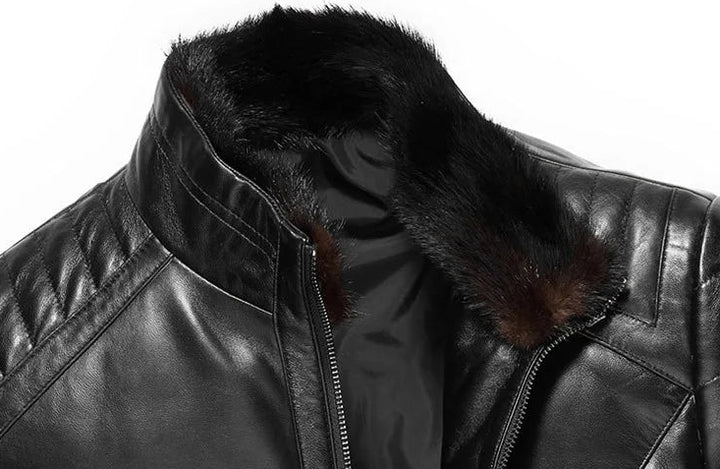 Black leather jacket with mink fur stand collar on a white background