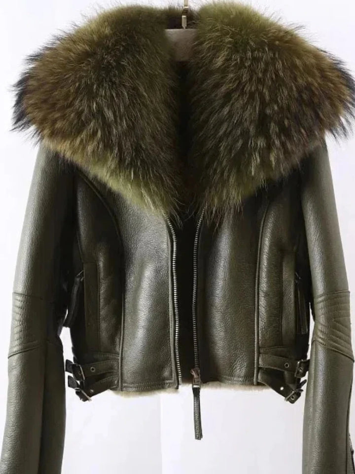 Women’s sheepskin fur jacket, close front view; dark green fur collar, center zip