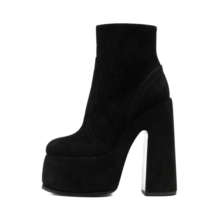 Black faux suede ankle boots with chunky platform and high block heel