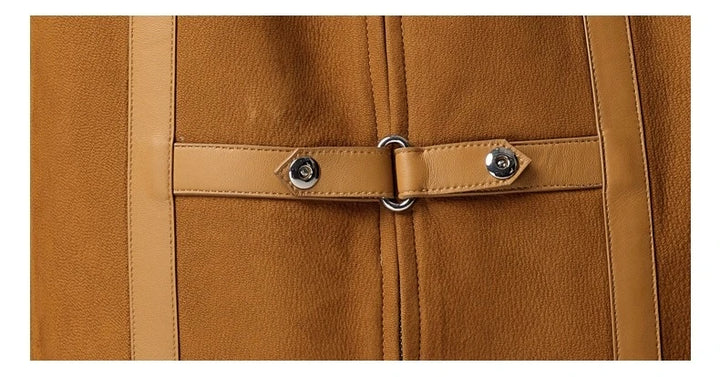 Brown leather jacket belt-like strap and snap buttons on front panel