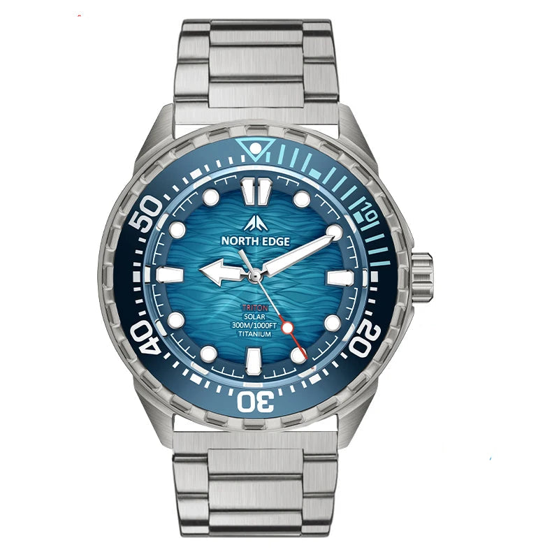 Titanium digital dive watch with blue dial and stainless metal bracelet