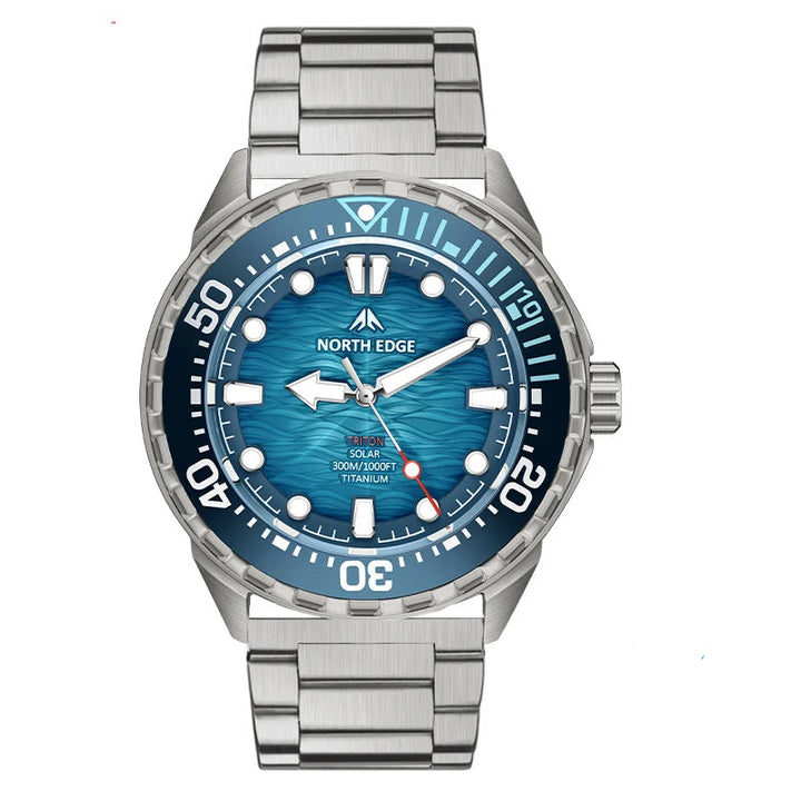 Titanium digital dive watch with blue dial and stainless metal bracelet