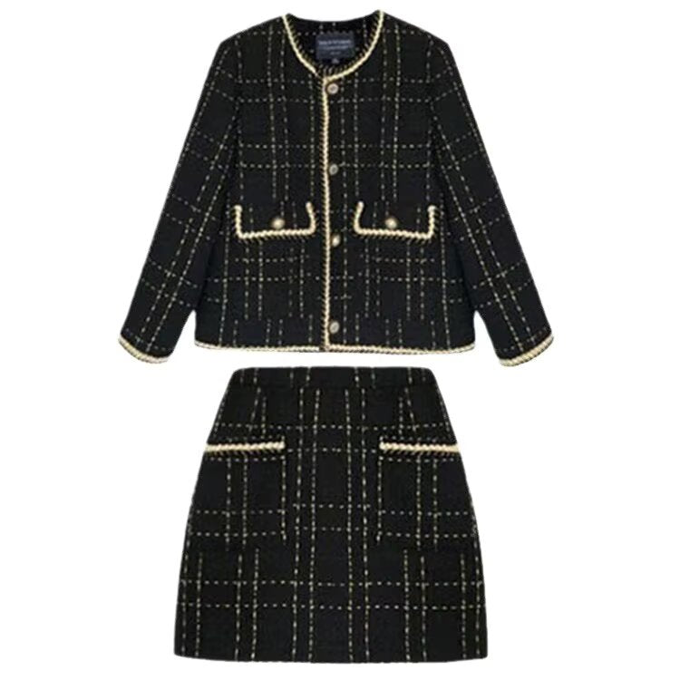 Short Woolen Tweed Jacket And Skirt Suit