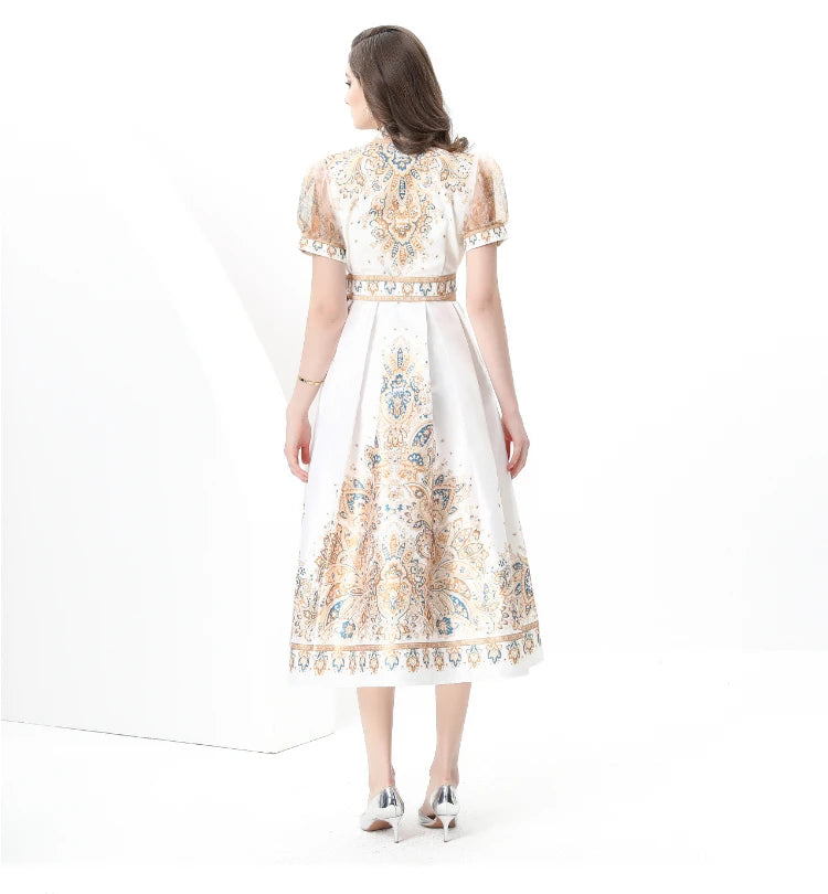 Puff Sleeve Sashes Lace-up Printed Dress