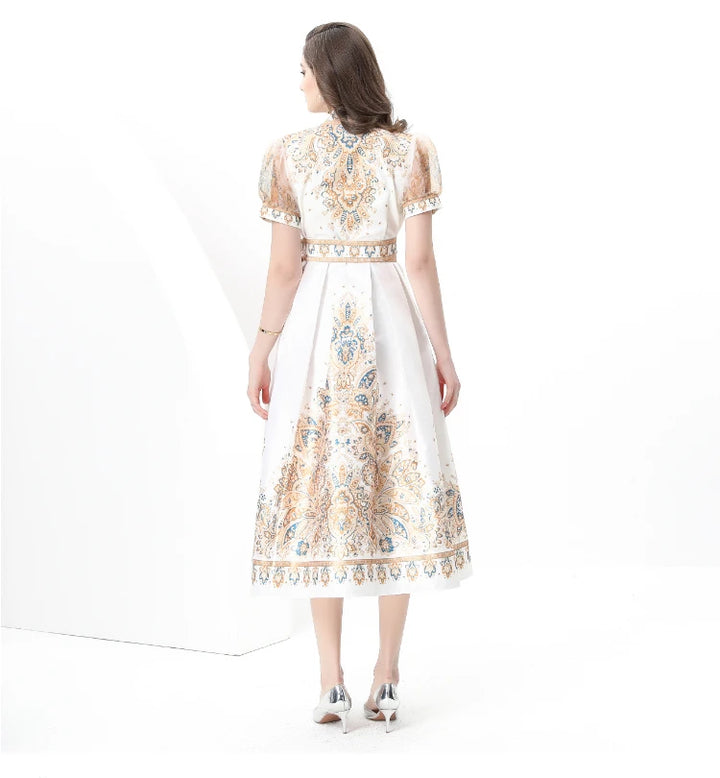 Puff Sleeve Sashes Lace-up Printed Dress