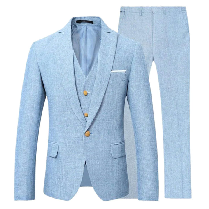 Light blue slim-fit 3-piece wedding suit set: blazer, vest, and matching trousers