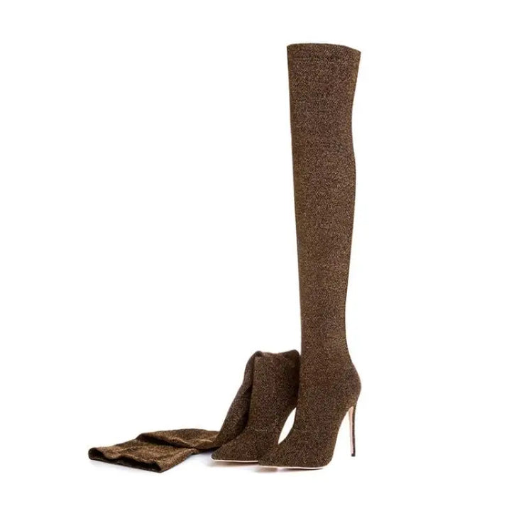 Thigh-high stretch fabric boots in taupe with slim high heel