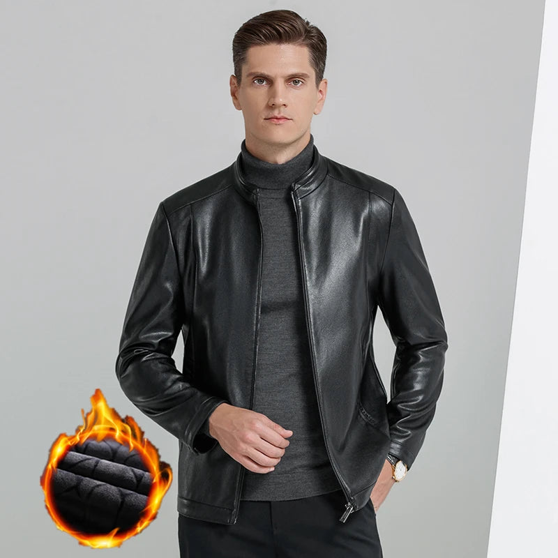Black leather casual jacket front three-quarter view with stand collar and zip