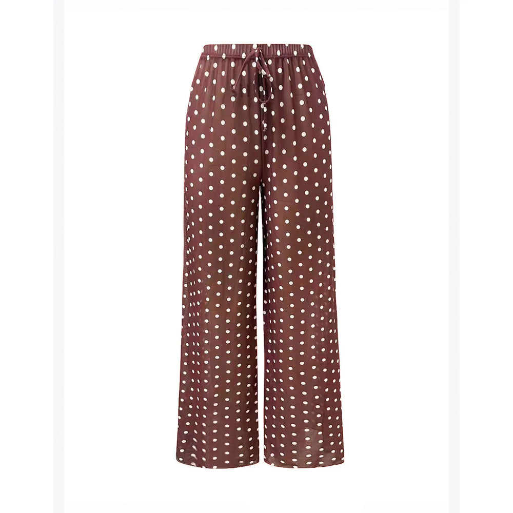 Brown polka dot wide-leg swim pants with elastic waist and drawstring tie