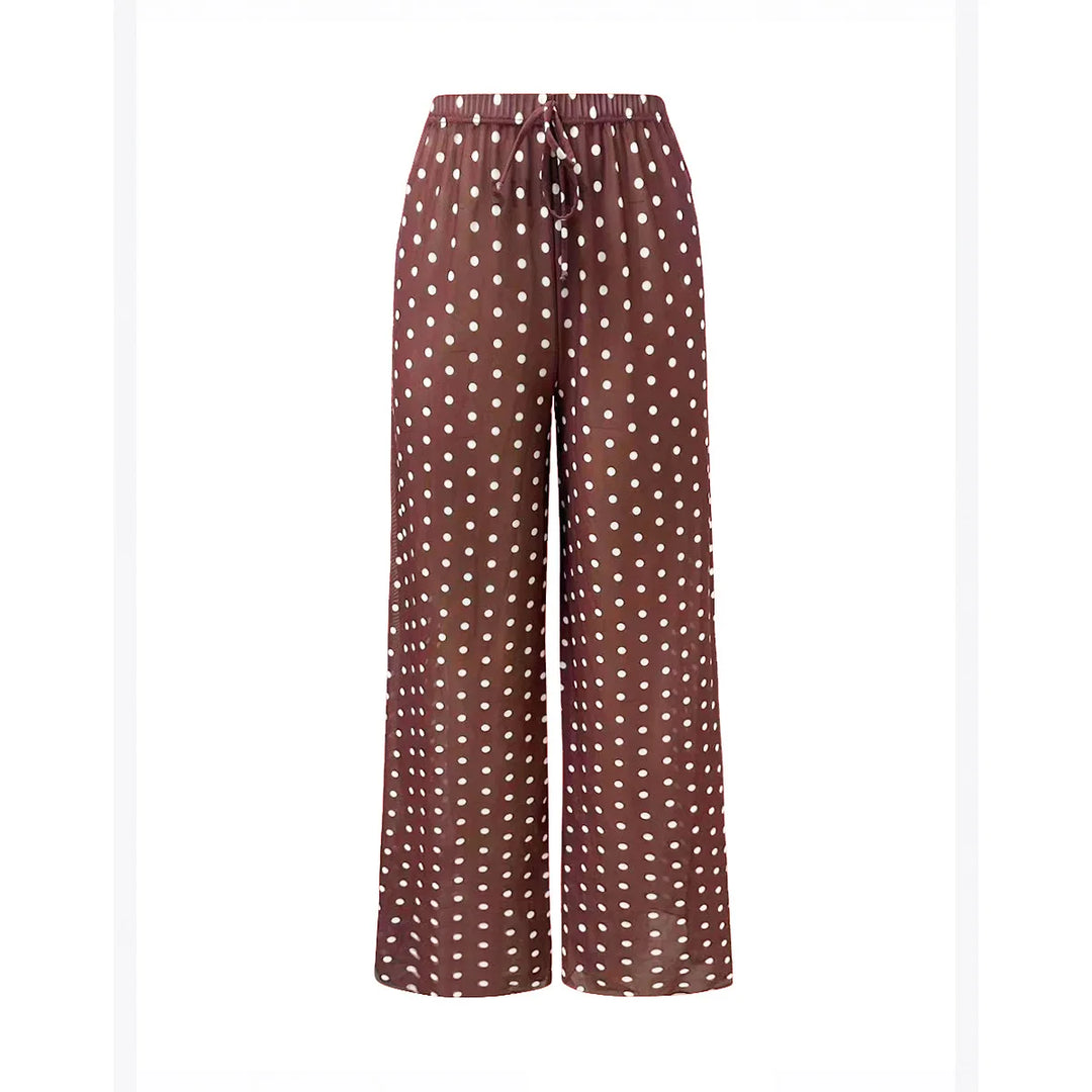 Brown polka dot wide-leg swim pants with elastic waist and drawstring tie