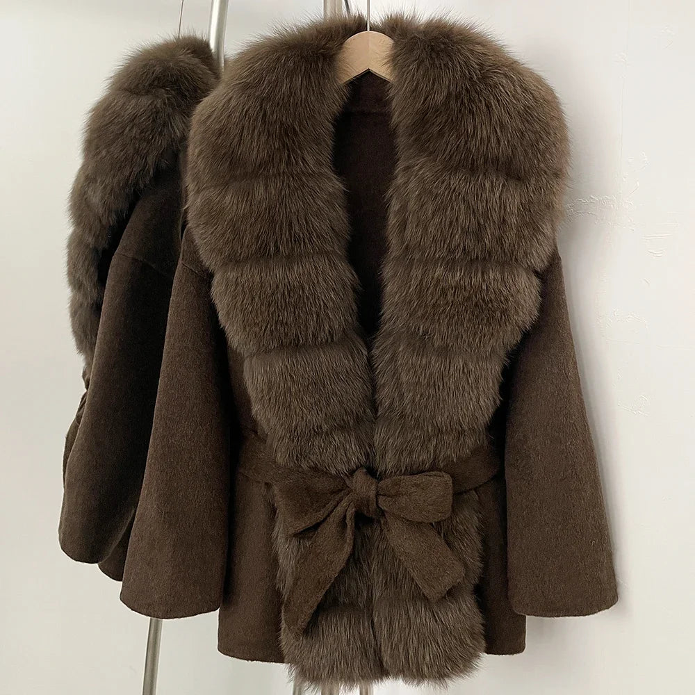 Camel double-sided cashmere-wool coat with front fur panels and waist belt tie