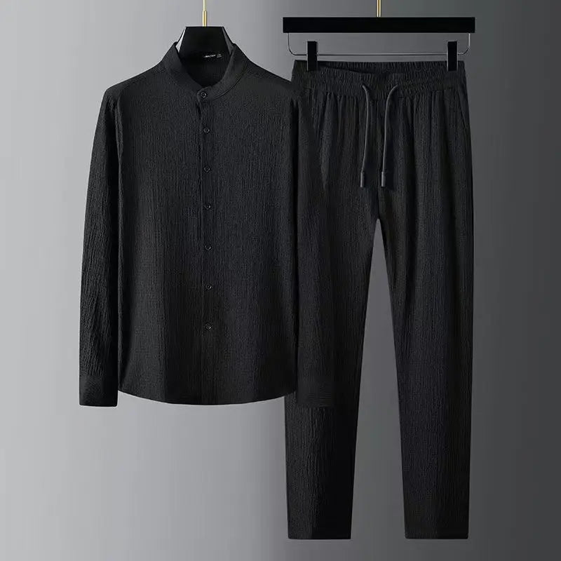 Black men’s button-up shirt with matching drawstring trousers set