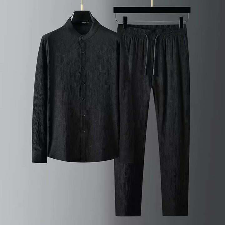 Black men’s button-up shirt with matching drawstring trousers set