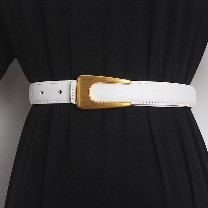 Narrow white leather waist belt with gold-tone rectangular buckle and adjustment holes