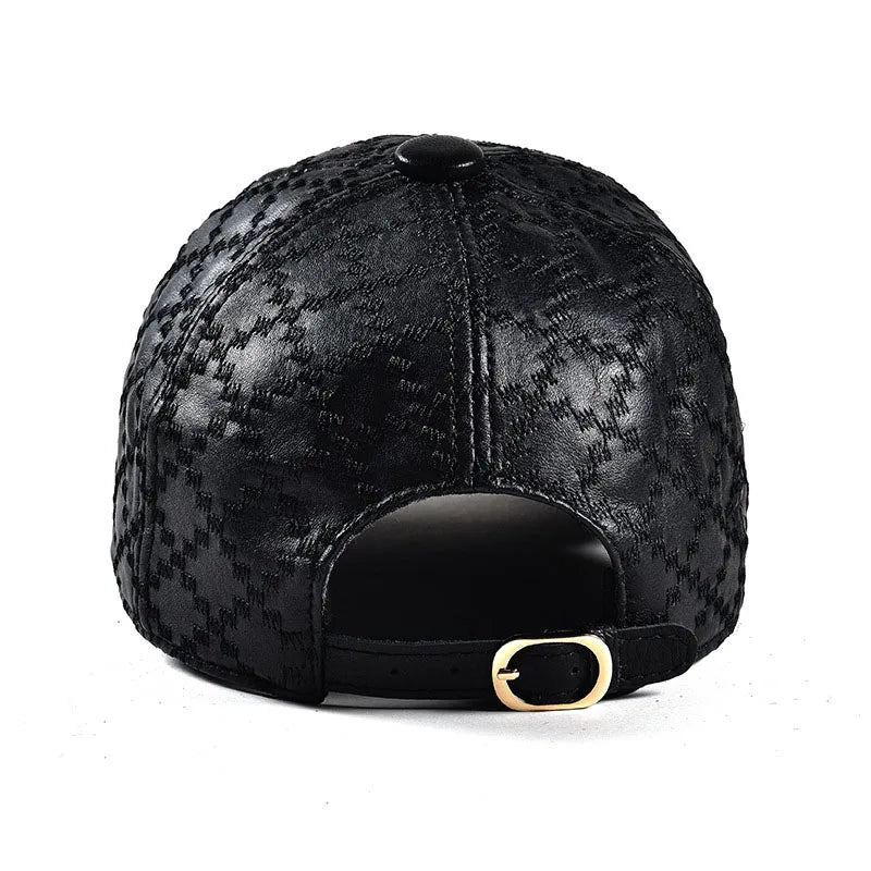 Black men’s cap with underside view, adjustable strap with gold-toned buckle
