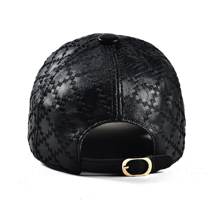 Black men’s cap with underside view, adjustable strap with gold-toned buckle