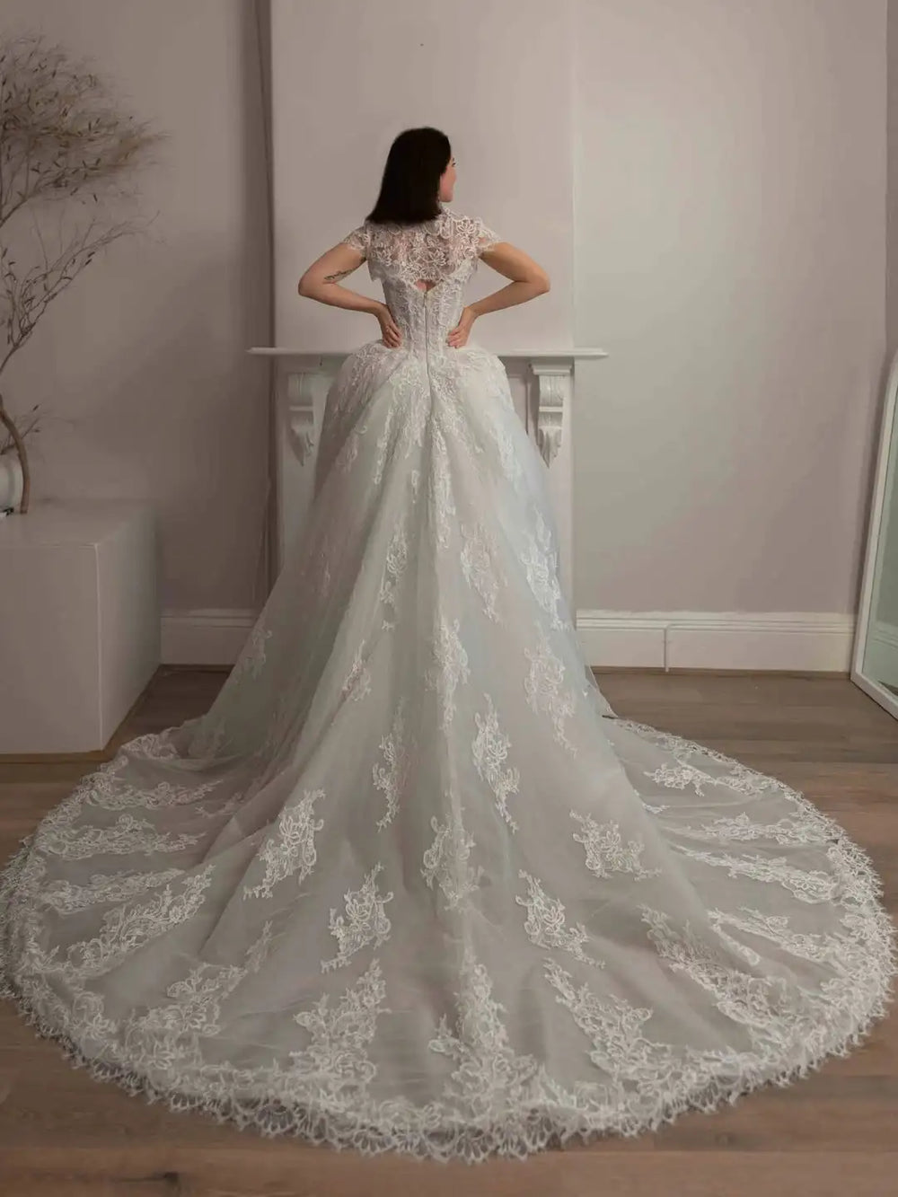 Ivory lace A-line bridal gown with lace corset back and sweeping train, back view