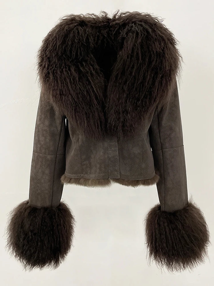 Dark brown suede wool coat with large fur collar and dark fur cuff details