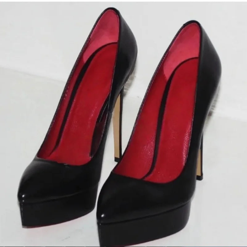 Black pointed-toe high heel pumps with red inner lining