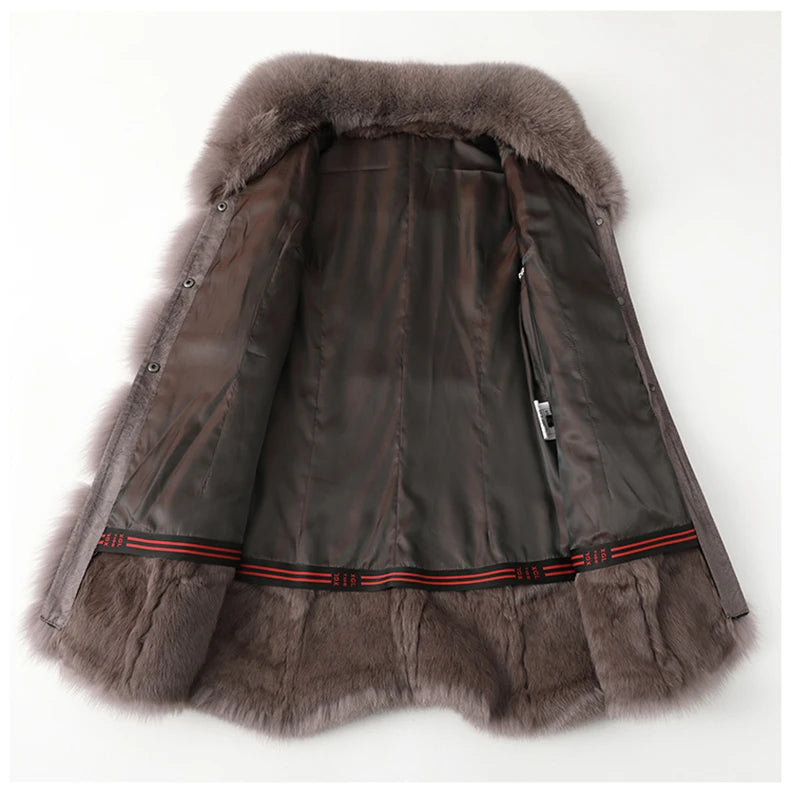 Rabbit-fur trench coat interior lining with dark stripe hem trim and pocket openings