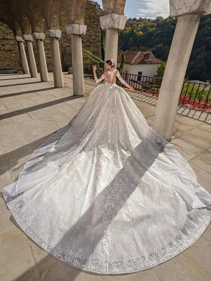 Robe de mariée vintage personnalisée, très bouffante, avec broderies, col rond, manches longues, robe de mariée