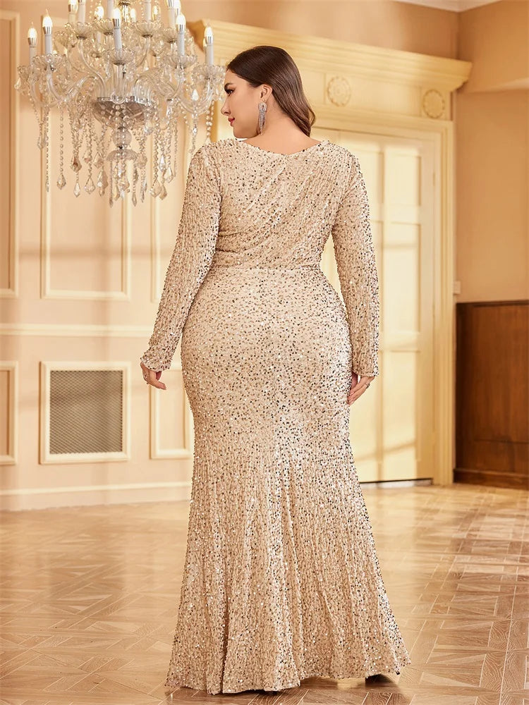 Gold Stretch Sequin Plus Size Women's Cocktail Party Dress