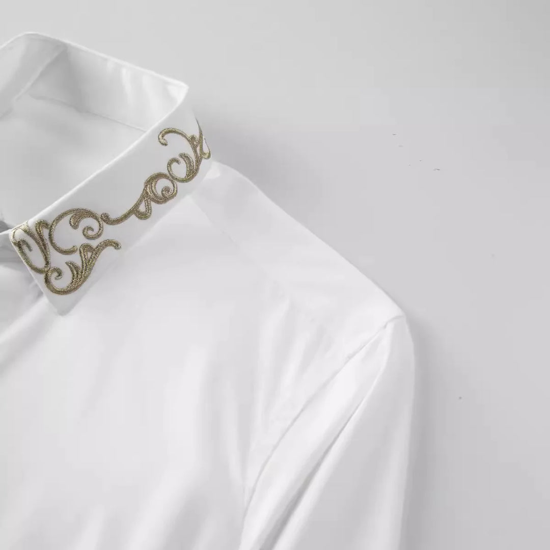 White dress shirt collar with gold embroidered trim and scalloped stand