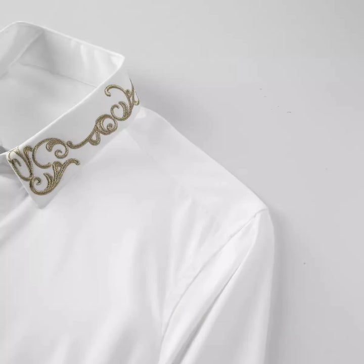 White dress shirt collar with gold embroidered trim and scalloped stand