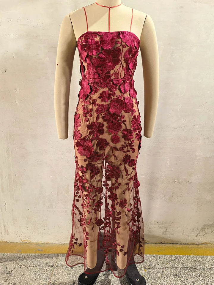 Burgundy sheer 3D floral lace party gown with strapless bodice and long skirt