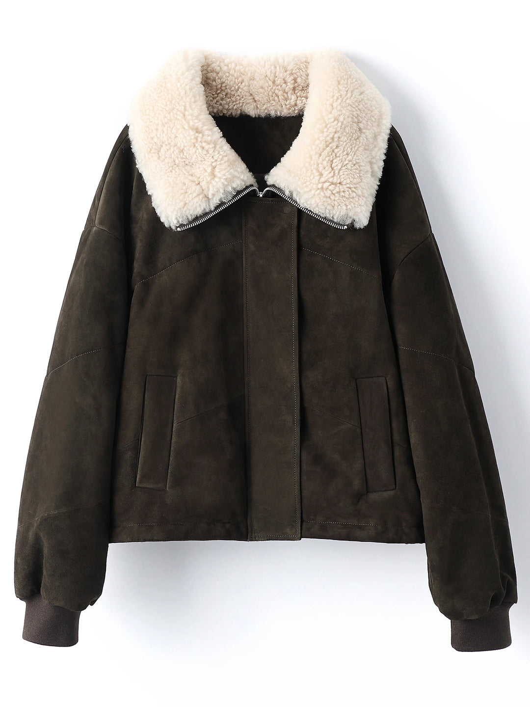 Short women’s suede jacket in dark olive with cream sherpa collar and front zip
