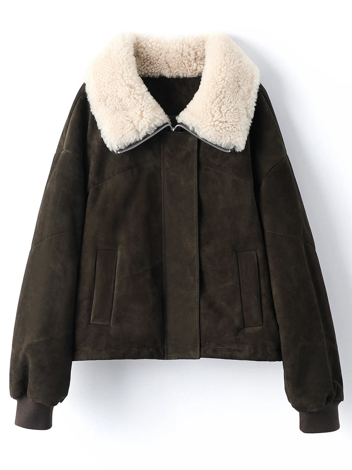 Short women’s suede jacket in dark olive with cream sherpa collar and front zip