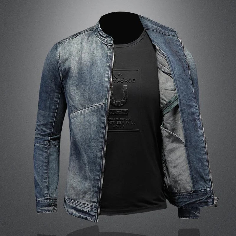 Light blue denim jacket with zip front and chest panel, side seam details