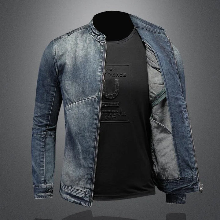 Light blue denim jacket with zip front and chest panel, side seam details