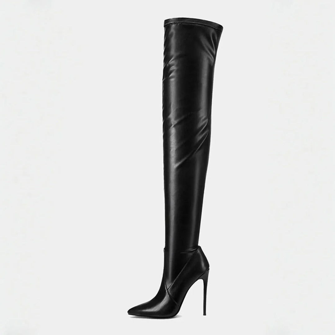 Black faux-suede knee-high heeled slip-on boots, single side view