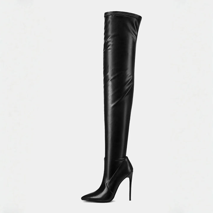 Black faux-suede knee-high heeled slip-on boots, single side view