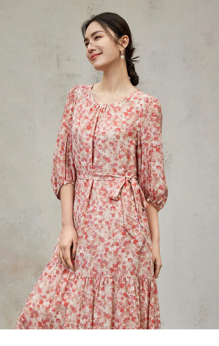 Tie Belt Short Sleeve Silk Dress