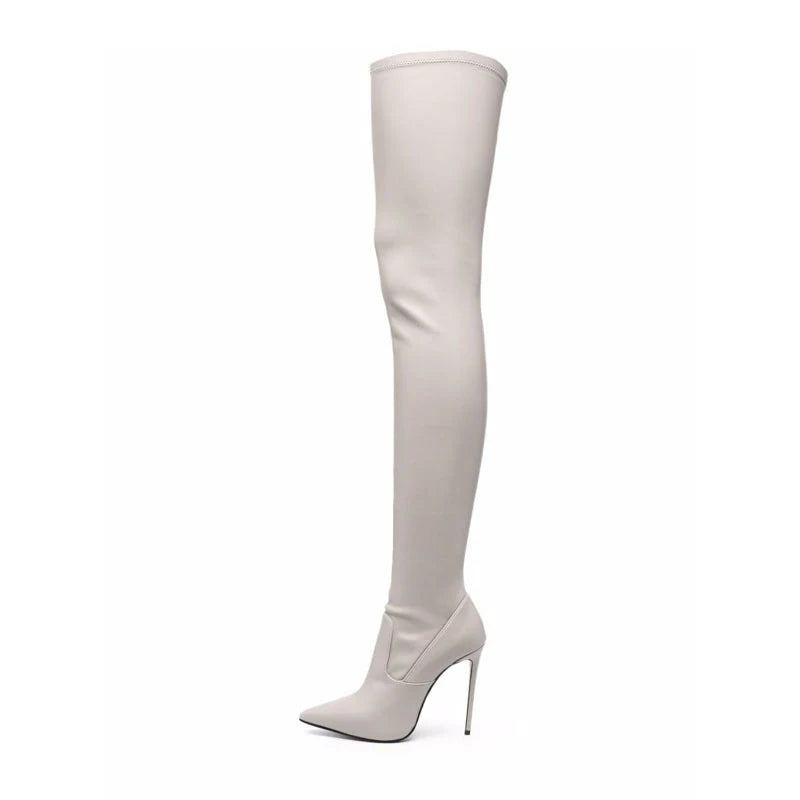 Light beige knee-high skinny heel boots with pointed toe