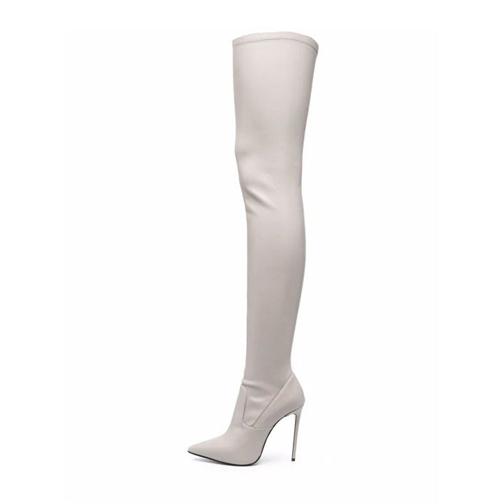 Light beige knee-high skinny heel boots with pointed toe