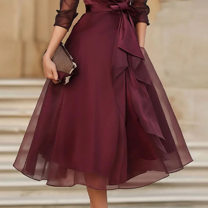 Wine red midi dress skirt with layered tulle ruffles and tied waist sash at front