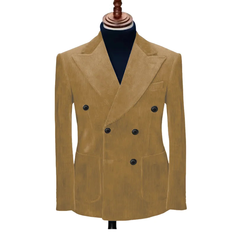 Men's formal suit blazer in camel brown with double-breasted look and black buttons