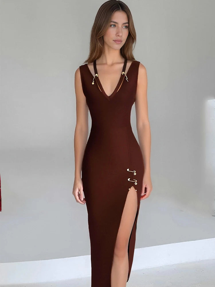 Chocolate brown sleeveless V-neck fitted party dress with side slit and gold button details